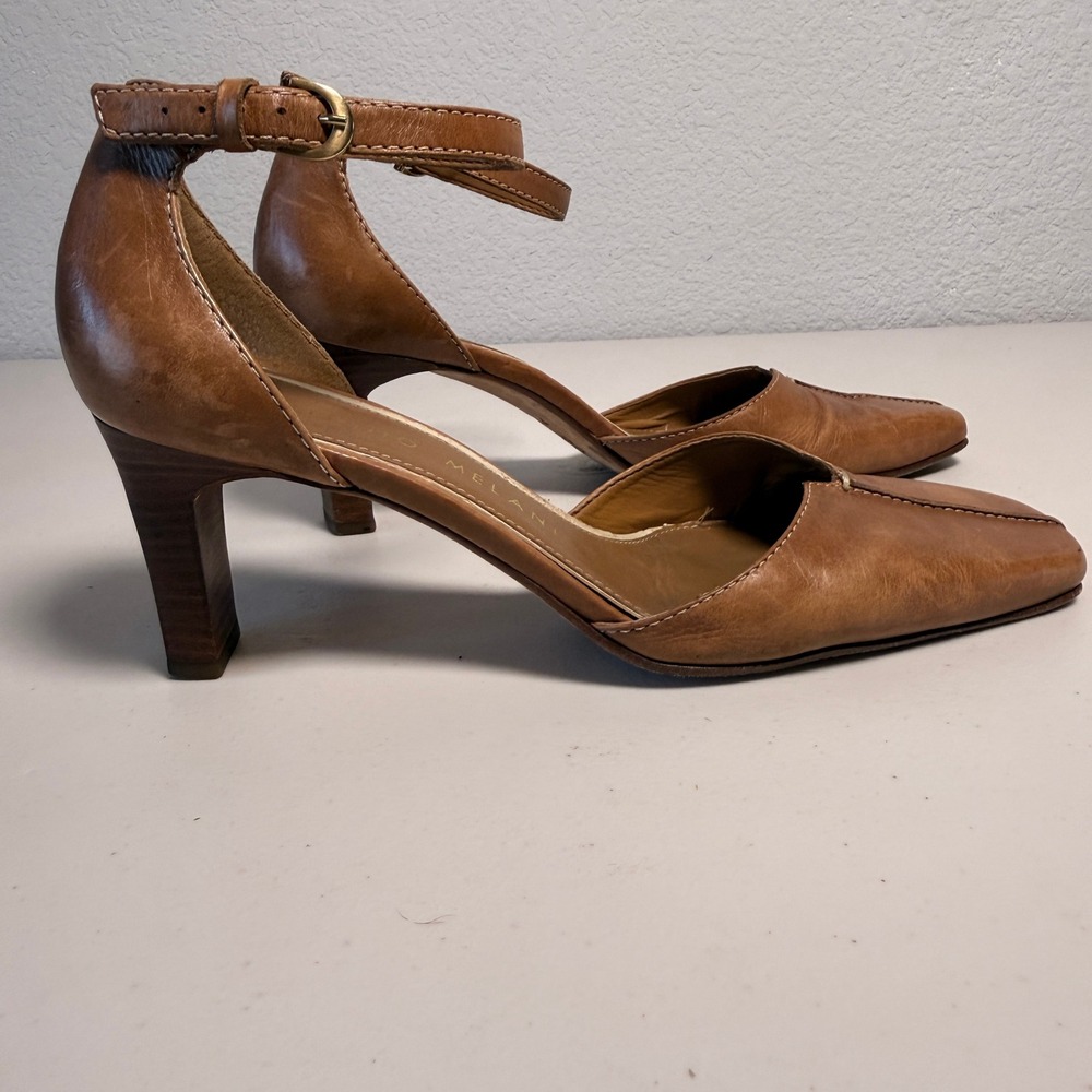 Antonio Melani Heels Leather Square Toe Ankle Strap Womens Tan 7.5M Kitten Heel